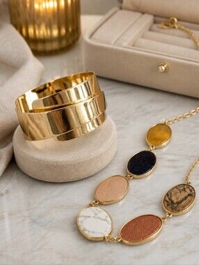 Gold Multi-Disc Cuff Bracelet - Women's Jewelry With Beatiful Multi Gem Neclace